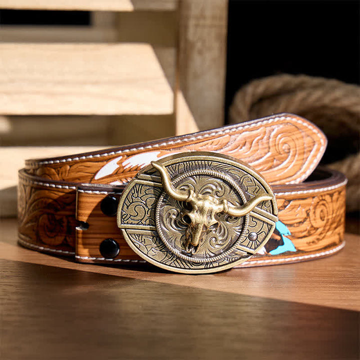 Ceinture en cuir avec boucle de couteau pliant dissimulé à motif Longhorn, style rustique de l'Ouest - Longhorn de bronze - Ceinture de plumes brunes - 40 - image 6