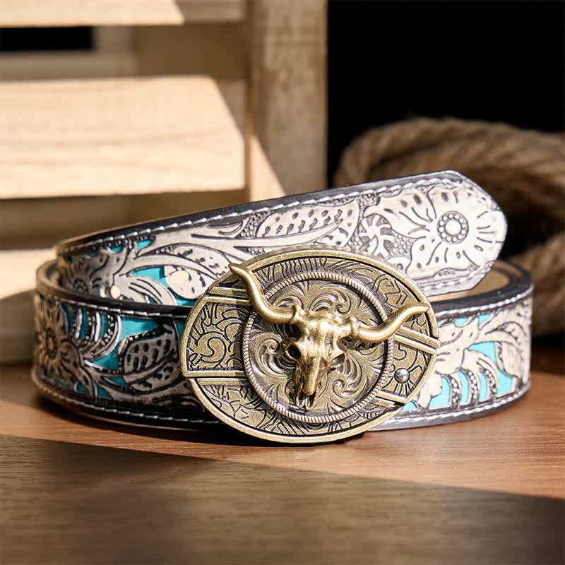 Ceinture en cuir avec boucle de couteau pliant dissimulé à motif Longhorn, style rustique de l'Ouest - Longhorn de bronze - Ceinture à fleurs grises - 42 - image 7