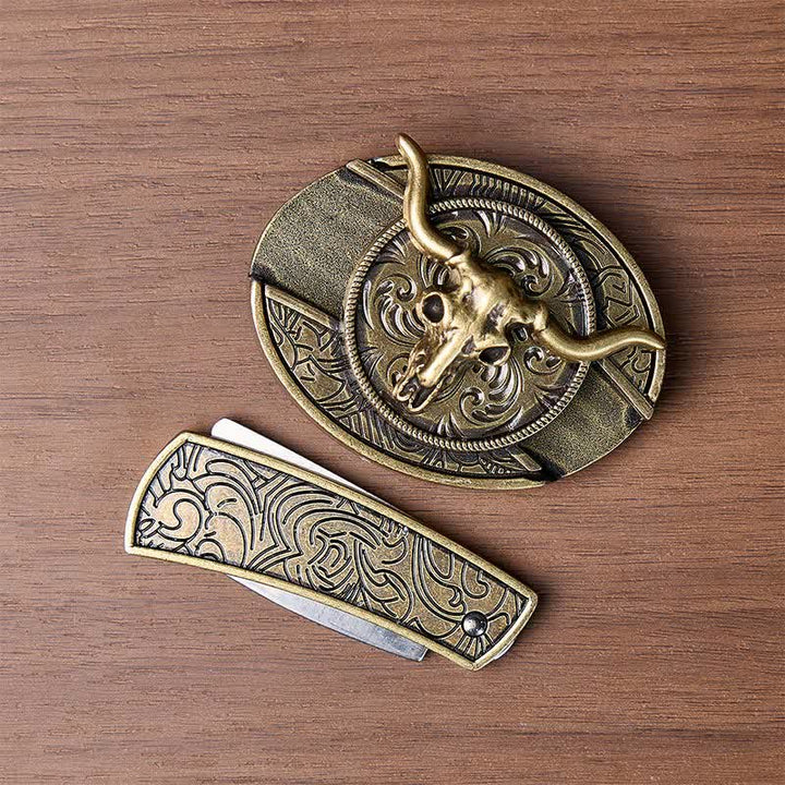 Ceinture en cuir avec boucle de couteau pliant dissimulé à motif Longhorn, style rustique de l'Ouest - image 8