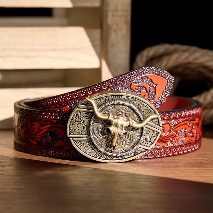 Ceinture en cuir avec boucle de couteau pliant dissimulé à motif Longhorn, style rustique de l'Ouest - Longhorn de bronze - Ceinture sculptée marron - 42 - image 5