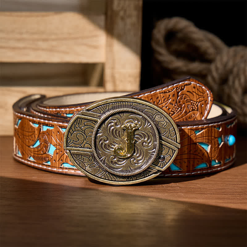 Boucle de ceinture en cuir avec initiale en bronze antique et couteau dissimulé à faire soi-même - J - Ceinture turquoise sculptée (40) - image 3