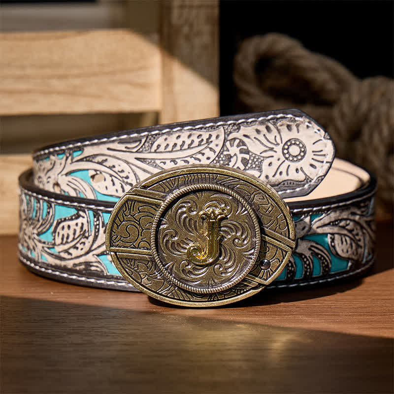 Boucle de ceinture en cuir avec initiale en bronze antique et couteau dissimulé à faire soi-même - J - Ceinture grise à fleurs (40) - image 4