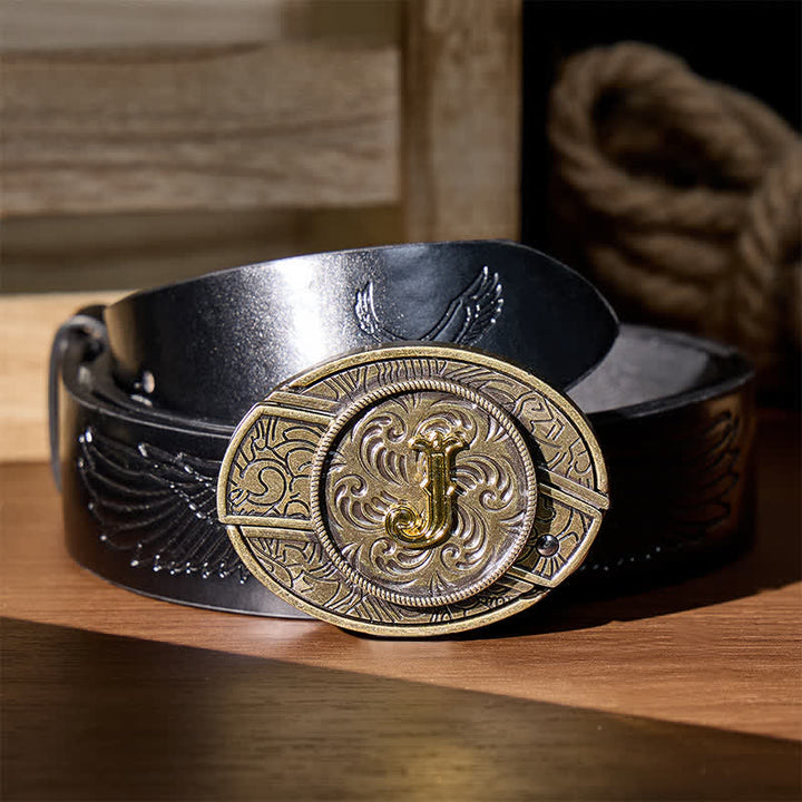 Boucle de ceinture en cuir avec initiale en bronze antique et couteau dissimulé à faire soi-même - J - Ceinture en cuir PU noir (40) - image 2