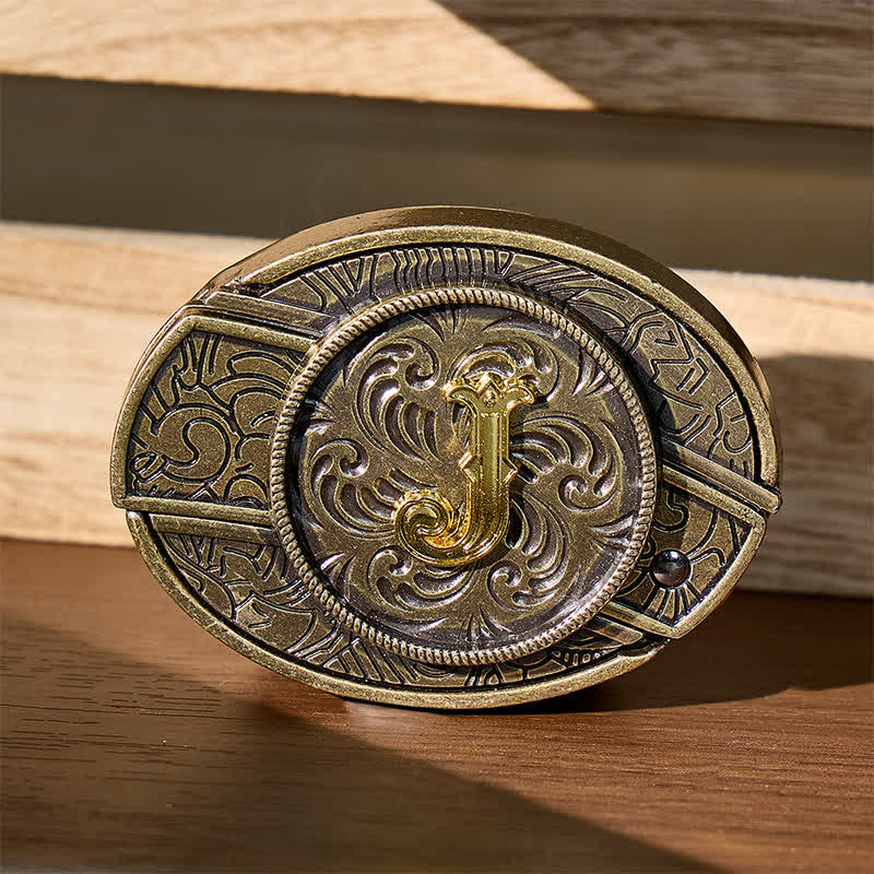 Boucle de ceinture en cuir avec initiale en bronze antique et couteau dissimulé à faire soi-même - J - Sans ceinture - image 0