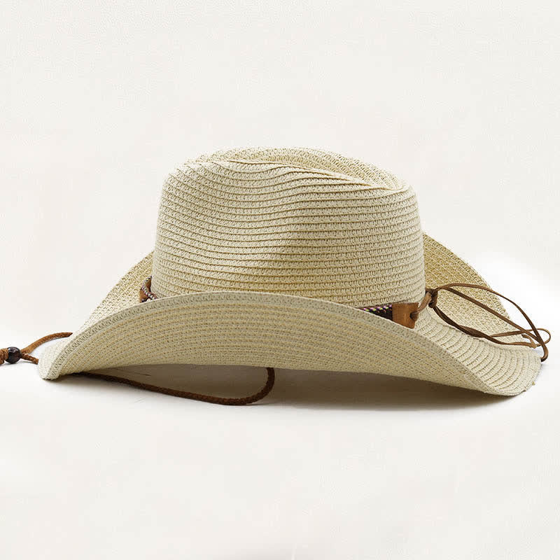 Chapeau de cowboy rustique en paille orné de plumes, de perles et de motifs tribaux en métal - image 2