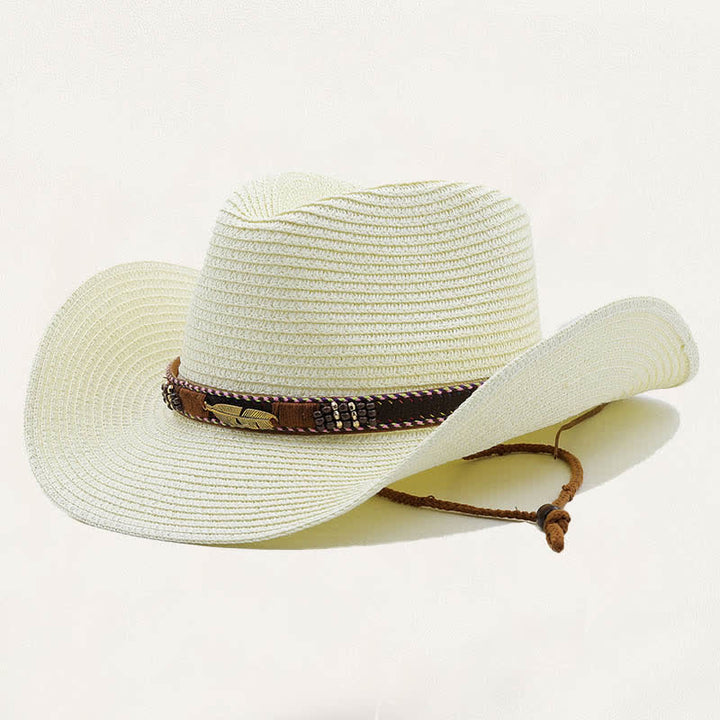 Chapeau de cowboy rustique en paille orné de plumes, de perles et de motifs tribaux en métal - Ivoire - M (22"-22 7/8") - image 6