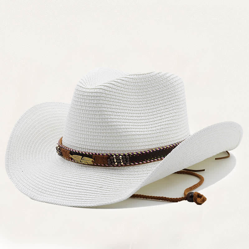 Chapeau de cowboy rustique en paille orné de plumes, de perles et de motifs tribaux en métal - Blanc - M (22"-22 7/8") - image 7