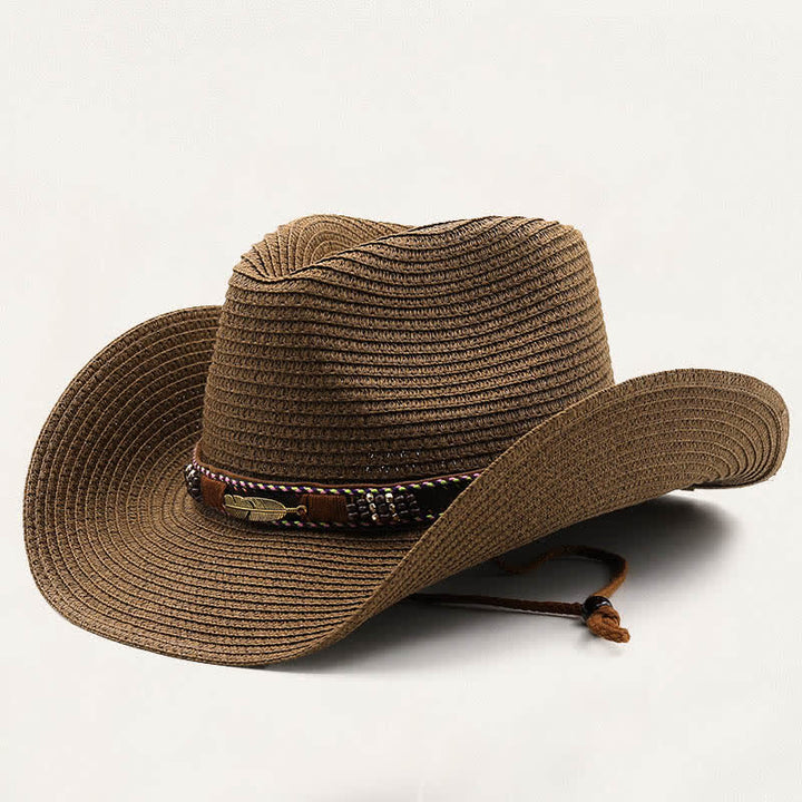 Chapeau de cowboy rustique en paille orné de plumes, de perles et de motifs tribaux en métal - Café - M (22"-22 7/8") - image 3