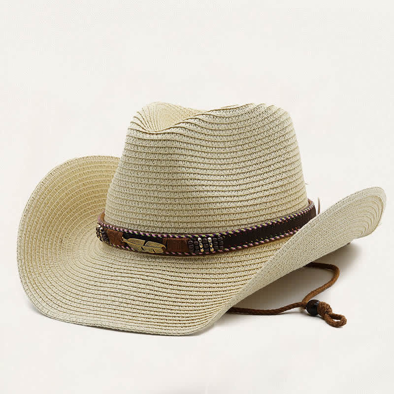 Chapeau de cowboy rustique en paille orné de plumes, de perles et de motifs tribaux en métal - Beige - M (22"-22 7/8") - image 0