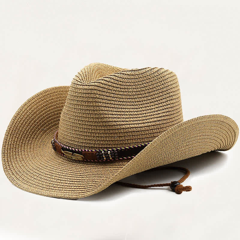 Chapeau de cowboy rustique en paille orné de plumes, de perles et de motifs tribaux en métal - Kaki - M (22"-22 7/8") - image 9