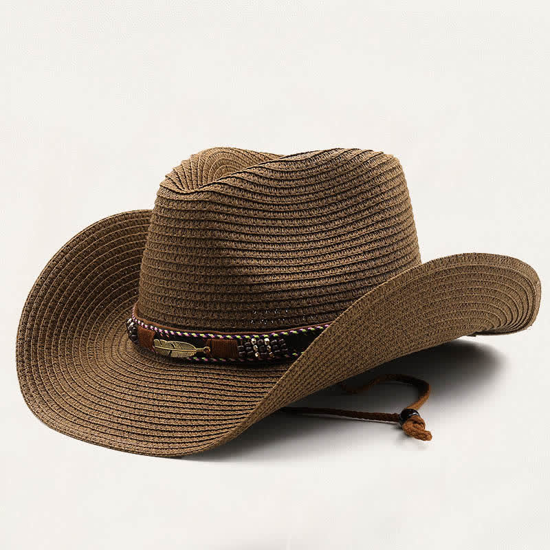 Chapeau de cowboy rustique en paille orné de plumes, de perles et de motifs tribaux en métal - Café - M (22"-22 7/8") - image 3