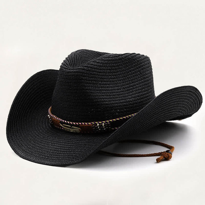 Chapeau de cowboy rustique en paille orné de plumes, de perles et de motifs tribaux en métal - Noir - M (22"-22 7/8") - image 8