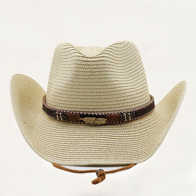 Chapeau de cowboy rustique en paille orné de plumes, de perles et de motifs tribaux en métal - image 1
