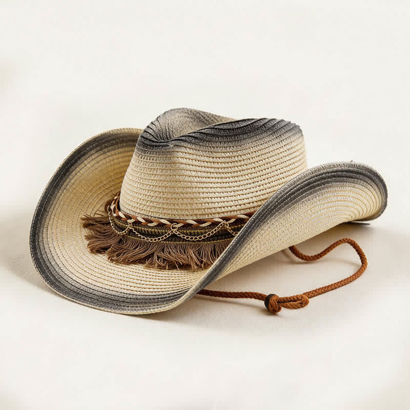 Chapeau de cowboy en paille à franges et chaînette style bohème rétro - Ivoire et noir - M (22"-22 7/8") - image 0