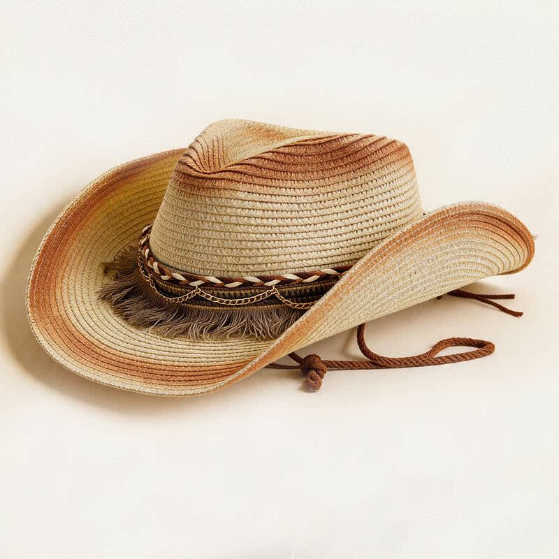 Chapeau de cowboy en paille à franges et chaînette style bohème rétro - Ivoire et rouge rouille - M (22"-22 7/8") - image 8