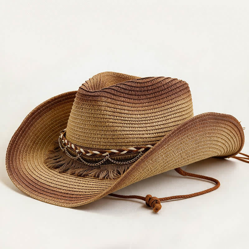 Chapeau de cowboy en paille à franges et chaînette style bohème rétro - Kaki et café - M (22"-22 7/8") - image 2