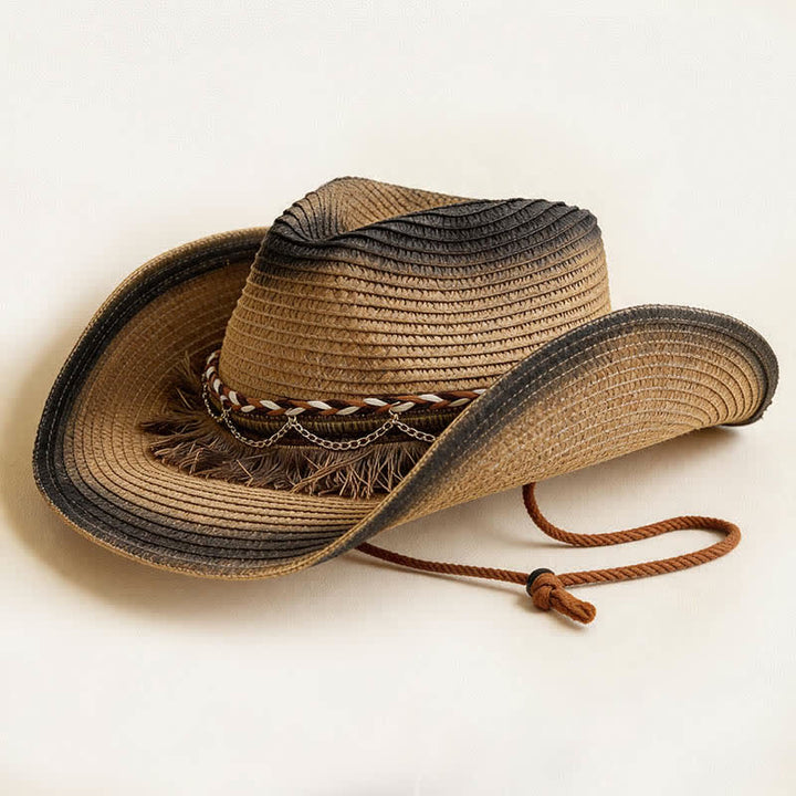 Chapeau de cowboy en paille à franges et chaînette style bohème rétro - Kaki et noir - M (22"-22 7/8") - image 11