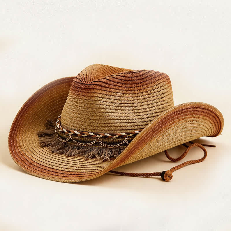 Chapeau de cowboy en paille à franges et chaînette style bohème rétro - Kaki et rouge rouille - M (22"-22 7/8") - image 9