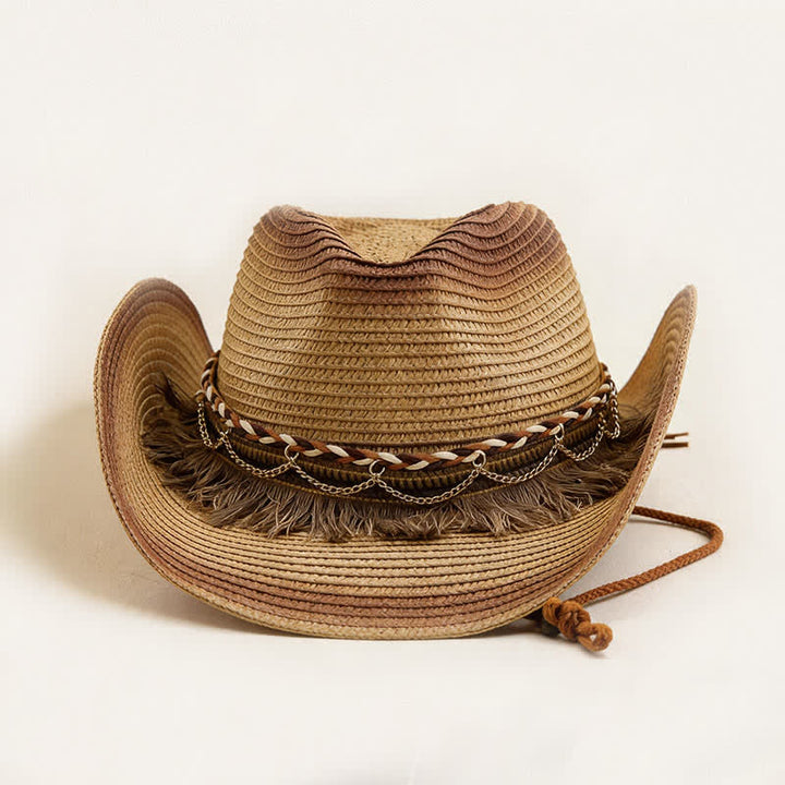 Chapeau de cowboy en paille à franges et chaînette style bohème rétro - image 3