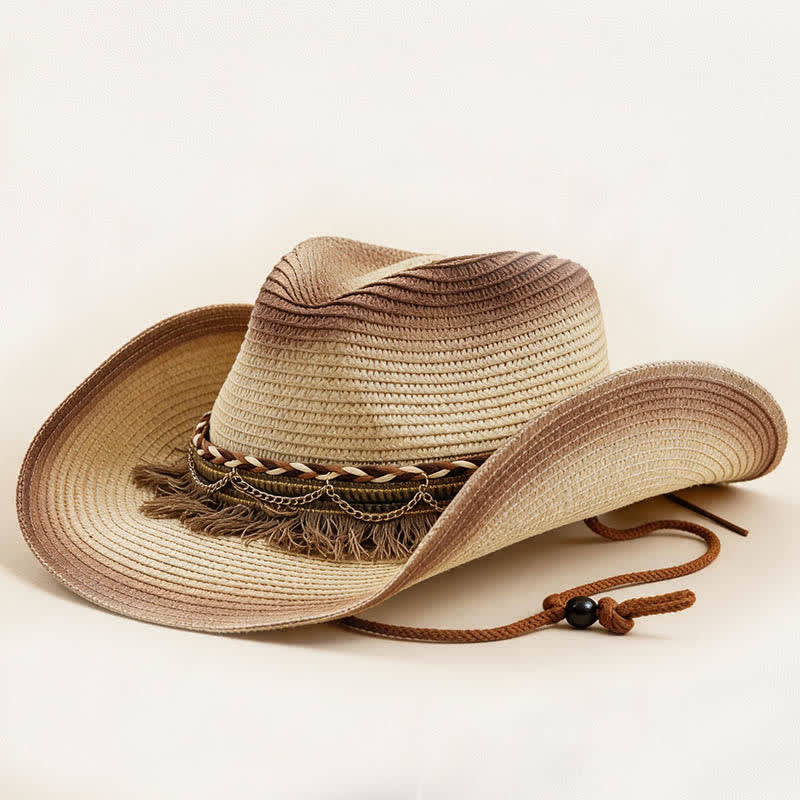 Chapeau de cowboy en paille à franges et chaînette style bohème rétro - Ivoire et café - M (22"-22 7/8") - image 10