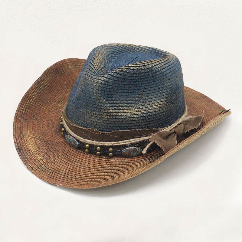 Chapeau de cowboy en paille vieillie avec détail rustique et style délavé - Bleu et kaki - M (22"-22 7/8") - image 0