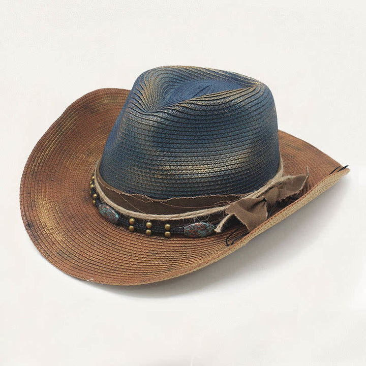 Chapeau de cowboy en paille vieillie avec détail rustique et style délavé - Bleu et kaki - M (22"-22 7/8") - image 0