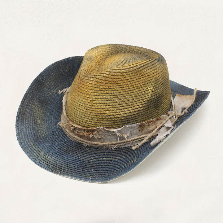 Chapeau de cowboy en paille vieillie avec détail rustique et style délavé - Kaki et bleu - M (22"-22 7/8") - image 5