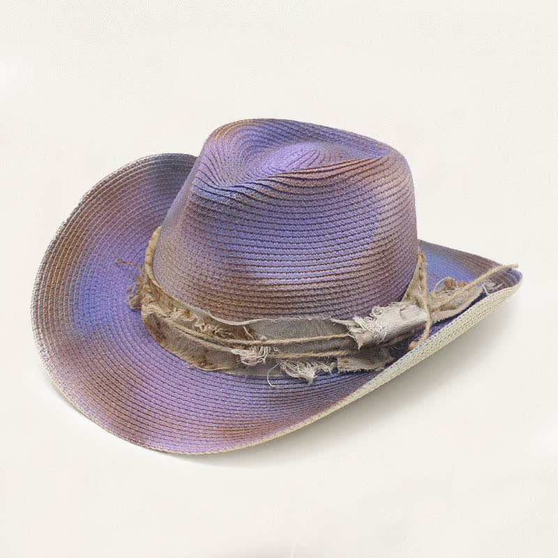 Chapeau de cowboy en paille vieillie avec détail rustique et style délavé - Violet - M (22"-22 7/8") - image 7
