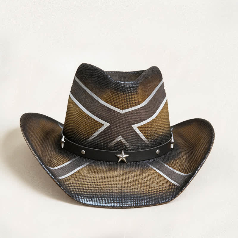 Chapeau de cowboy en paille à motif de croix occidentale et à bande ornée d'étoiles - image 1