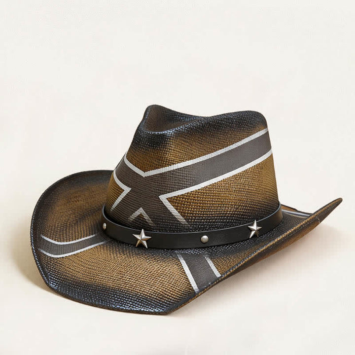 Chapeau de cowboy en paille à motif de croix occidentale et à bande ornée d'étoiles - Kaki - L (23 1/4"-23 5/8") - image 0