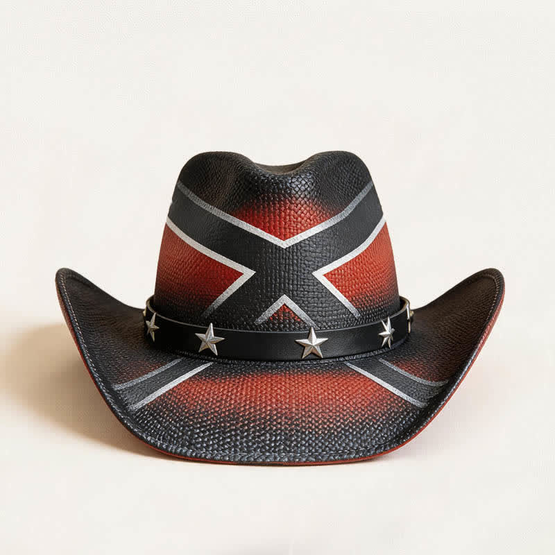 Chapeau de cowboy en paille à motif de croix occidentale et à bande ornée d'étoiles - image 4
