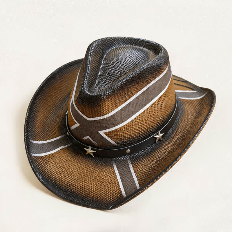 Chapeau de cowboy en paille à motif de croix occidentale et à bande ornée d'étoiles - image 2
