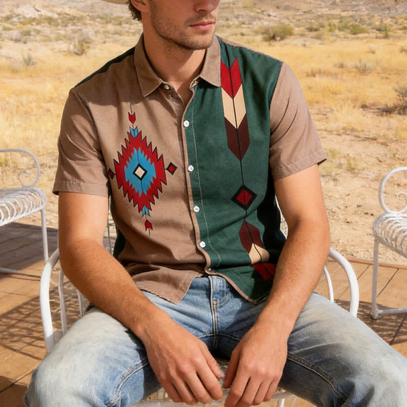 Chemise western bicolore à imprimé tribal aztèque pour homme - Kaki foncé - 6XL - image 0