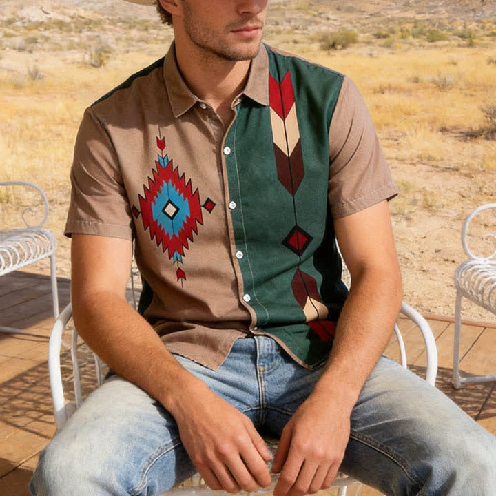 Chemise western bicolore à imprimé tribal aztèque pour homme - Kaki foncé - 6XL - image 0