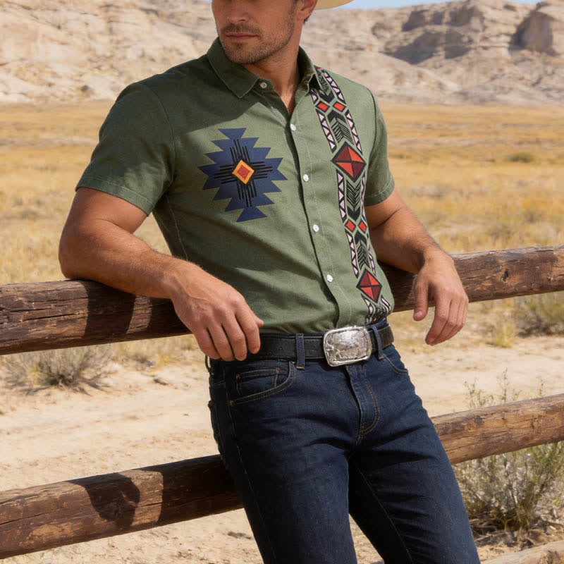 Chemise western vintage pour homme, imprimée bicolore, d'inspiration navajo - Vert sauge discret - 6XL - image 0