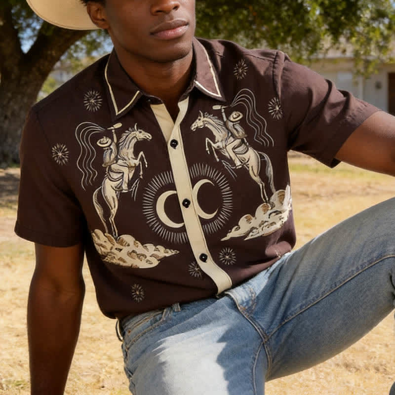 Chemise vintage homme à imprimé lune et ciel nocturne de cowboy - Brun foncé - 6XL - image 0