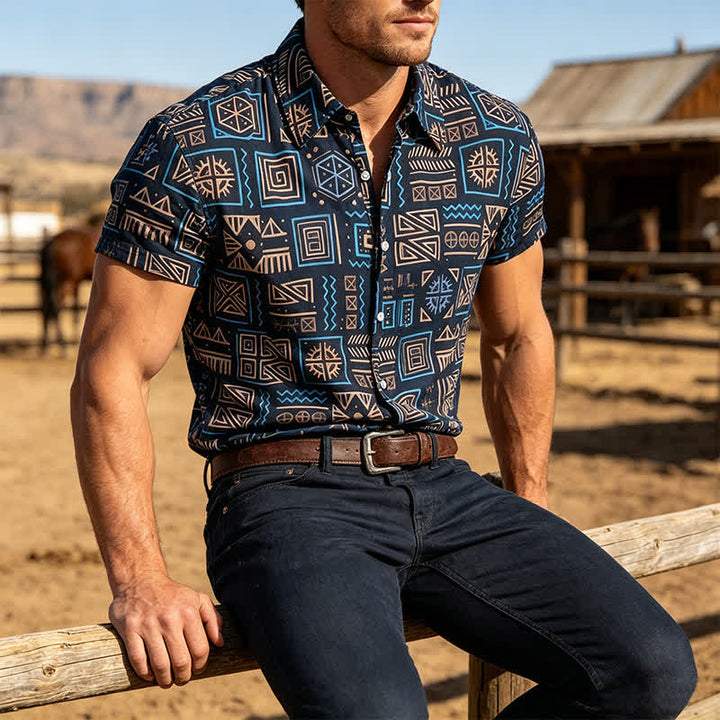 Chemise western pour homme à motif géométrique tribal africain aztèque - Bleu foncé - 3XL - image 0