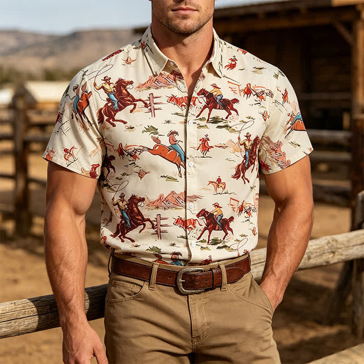 Chemise western rétro pour homme avec imprimé lasso et cheval - Ivoire - 5XL - image 0