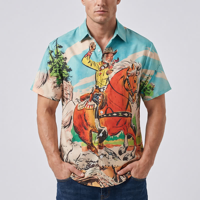 Chemise western rétro pour homme avec imprimé cowboy et cheval - image 1