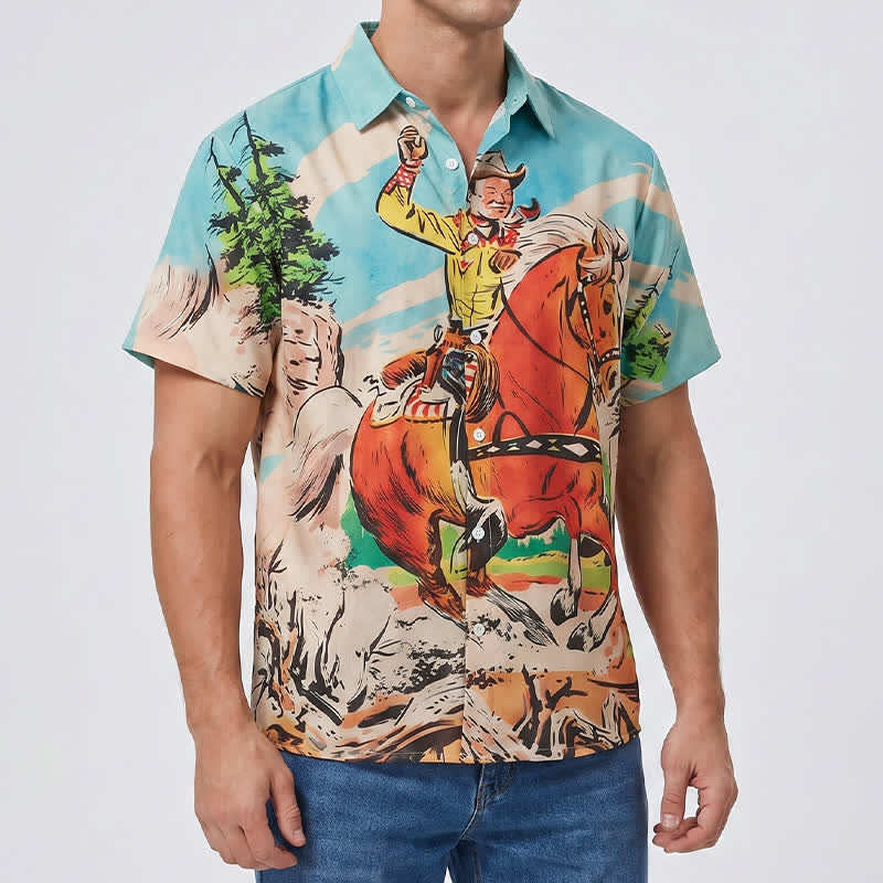 Chemise western rétro pour homme avec imprimé cowboy et cheval - image 3