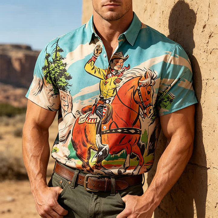 Chemise western rétro pour homme avec imprimé cowboy et cheval - Bleu - 5XL - image 0