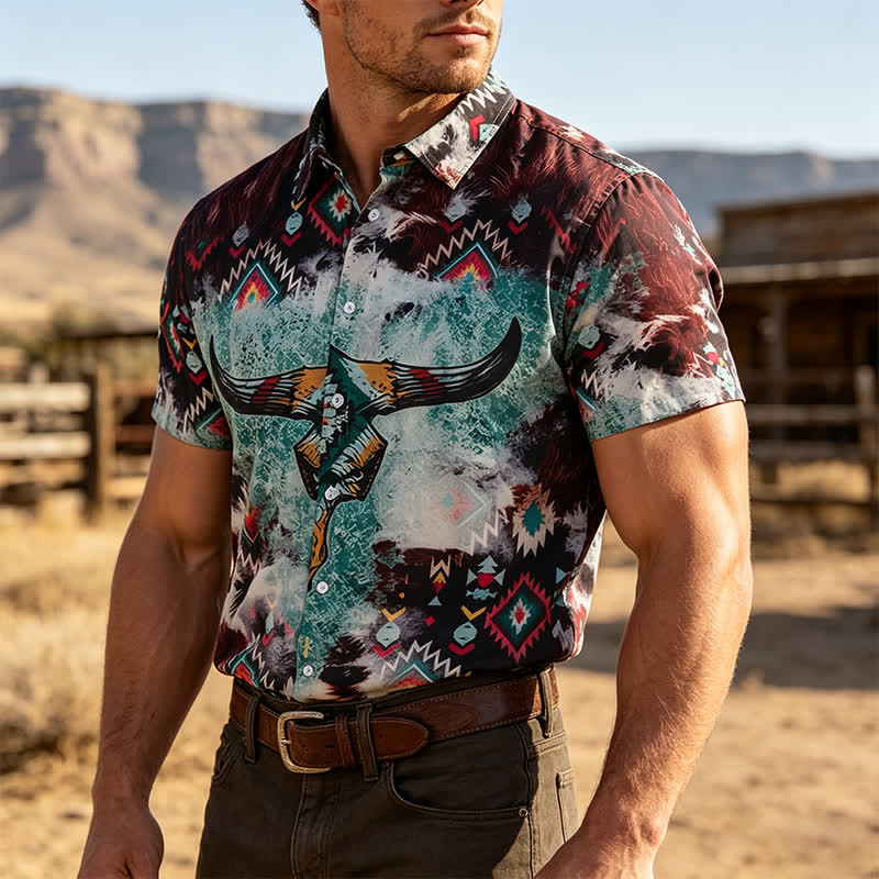 Chemise western pour homme à imprimé tribal tête de mort de Longhorn - Marron et vert - 5XL - image 0