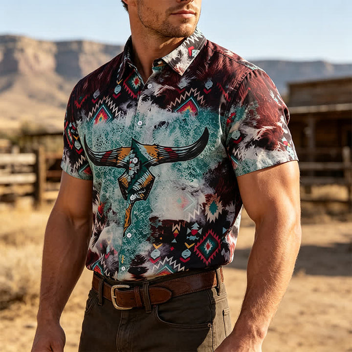 Chemise western pour homme à imprimé tribal tête de mort de Longhorn - Marron et vert - 5XL - image 0