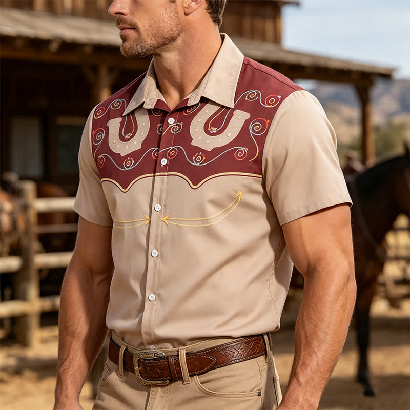 Chemise western bicolore pour homme avec empiècement et motif fer à cheval - Marron et kaki - 4XL - image 0