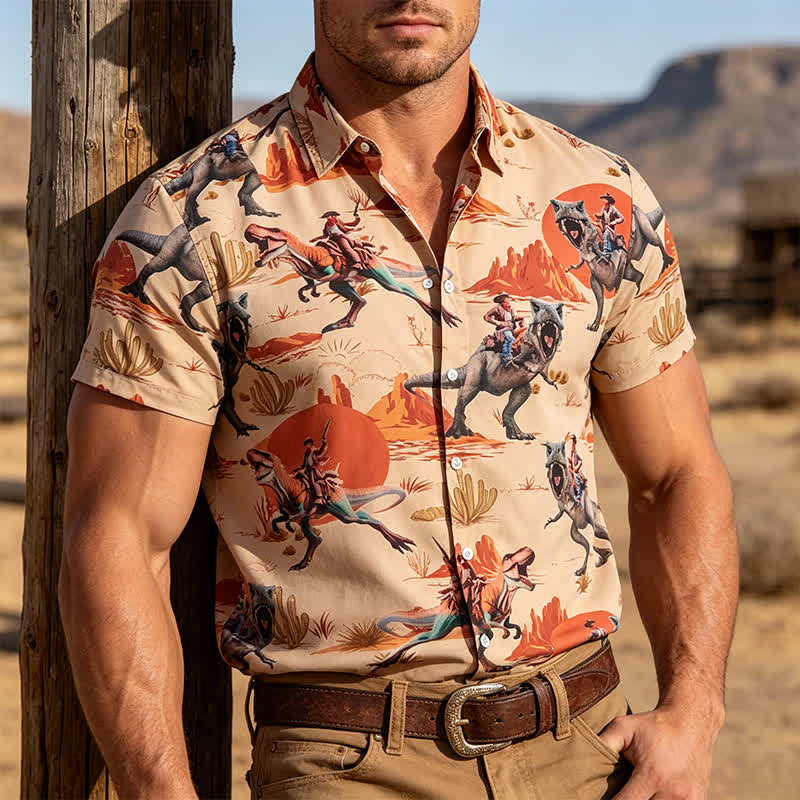 Chemise fantaisie pour homme avec imprimé dinosaure cavalier du Far West - Bisque - 5XL - image 0