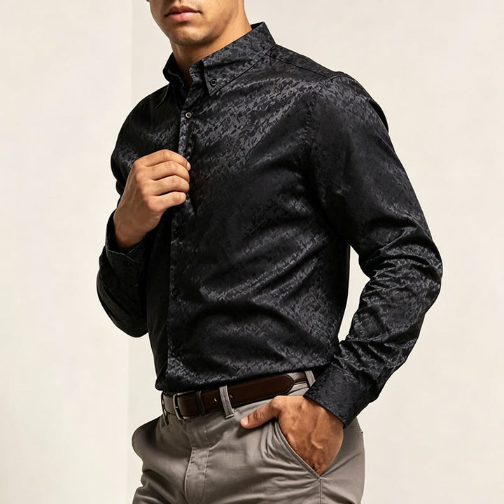 Chemise habillée à manches longues pour homme, motif jacquard rose, boutons cachés - image 3