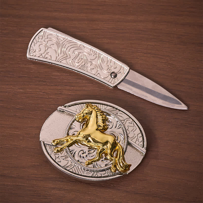Boucle de couteau pliant dissimulé à faire soi-même, motif cheval au galop argenté et doré, ceinture en cuir - image 1