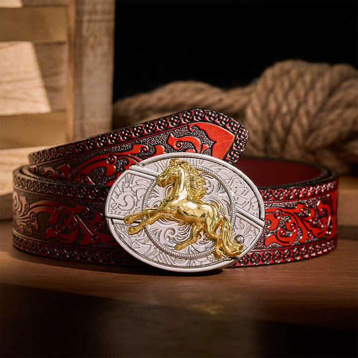 Boucle de couteau pliant dissimulé à faire soi-même, motif cheval au galop argenté et doré, ceinture en cuir - Cheval au galop - Ceinture sculptée marron - 42 - image 6