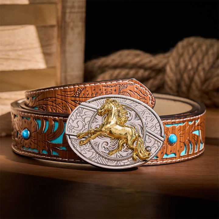 Boucle de couteau pliant dissimulé à faire soi-même, motif cheval au galop argenté et doré, ceinture en cuir - Cheval au galop - Ceinture turquoise sculptée - 42 - image 3