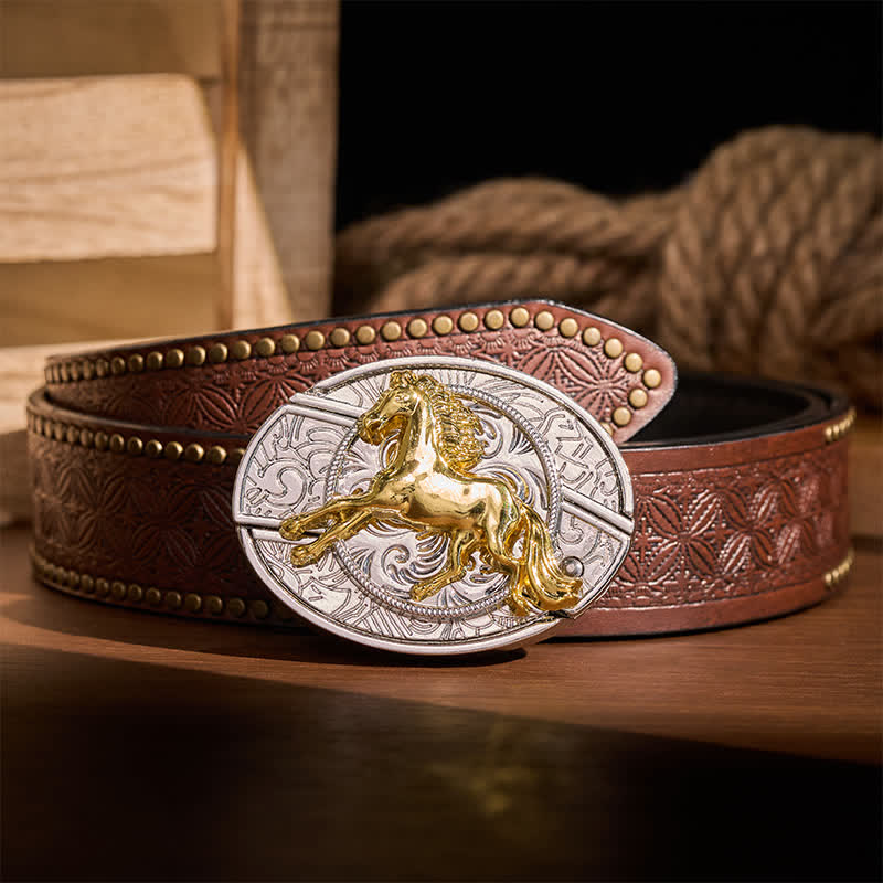 Boucle de couteau pliant dissimulé à faire soi-même, motif cheval au galop argenté et doré, ceinture en cuir - Cheval au galop - Ceinture à rivets marron - 42 - image 4